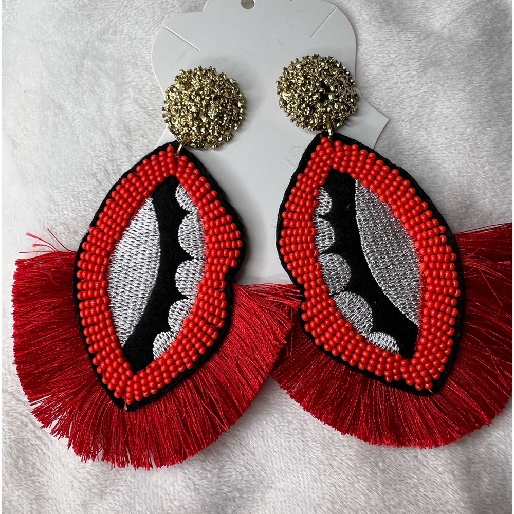 Red French style lip, print dangling earrings about 3 inches long
